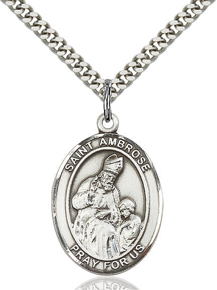 Extel Large Oval Sterling Silver St. Ambrose Pendant with 24" chain, Made in USA