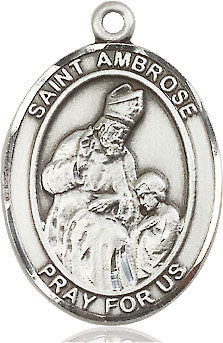 Extel Large Oval Sterling Silver St. Ambrose Pendant with 24" chain, Made in USA