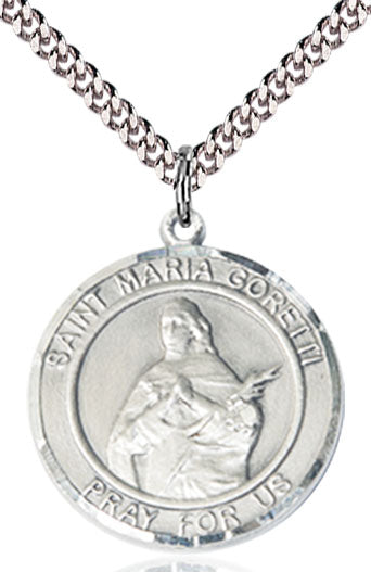 Extel Large Round Pewter St. Maria Goretti Medal Pendant Necklace with 24" Chain, Made in USA
