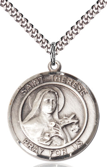 Extel Large Round Pewter St. Therese of Lisieux Medal Pendant Necklace with 24" Chain, Made in USA