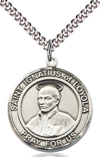 Extel Large Round Pewter St. Ignatius of Loyola Medal Pendant Necklace with 24" Chain, Made in USA