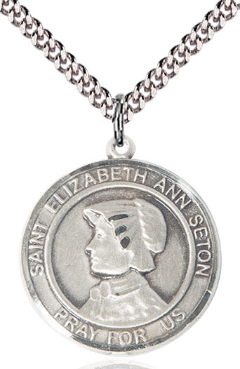 Extel Large Round Pewter St. Elizabeth Ann Seton Medal Pendant Necklace with 24" Chain, Made in USA