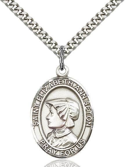 Extel Large Oval Sterling Silver St. Elizabeth Ann Seton Pendant with 24" chain, Made in USA