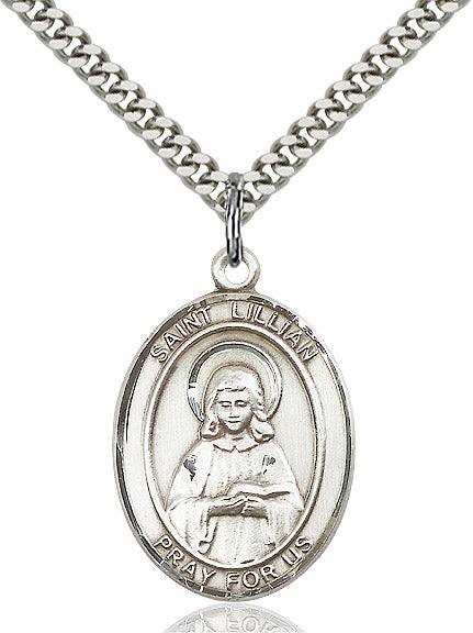 Extel Large Oval Sterling Silver St. Lillian Pendant with 24" chain, Made in USA
