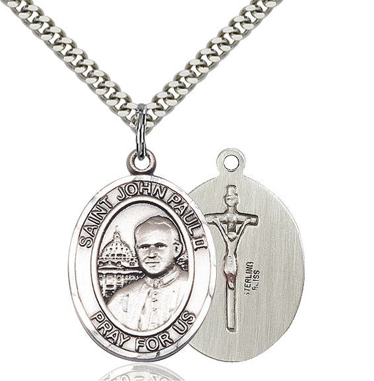 Extel Large Oval Sterling Silver St. John Paul II Pendant with 24" chain, Made in USA