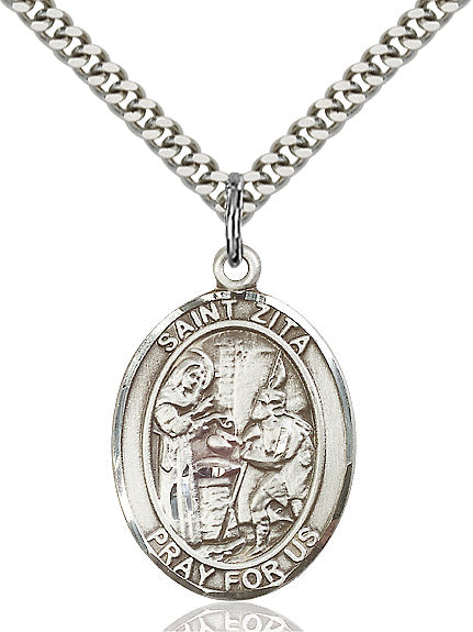 Extel Large Oval Sterling Silver St. Zita Pendant with 24" chain, Made in USA