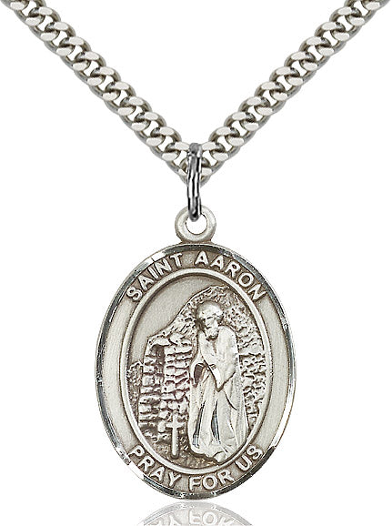 Extel Large Oval Sterling Silver St. Aaron Pendant with 24" chain, Made in USA