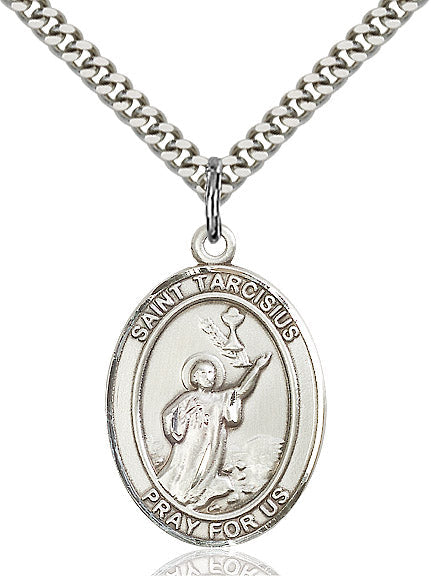Extel Large Oval Sterling Silver St. Tarcisius Pendant with 24" chain, Made in USA