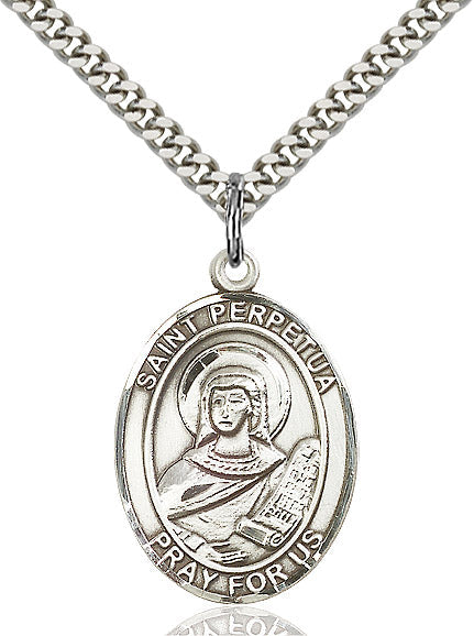 Extel Large Oval Sterling Silver St. Perpetua Pendant with 24" chain, Made in USA