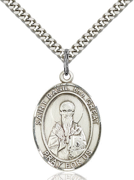 Extel Large Oval Sterling Silver St. Basil the Great Pendant with 24" chain, Made in USA