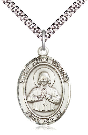Extel Large Oval Pewter St. John Vianney Pendant with 24" chain, Made in USA