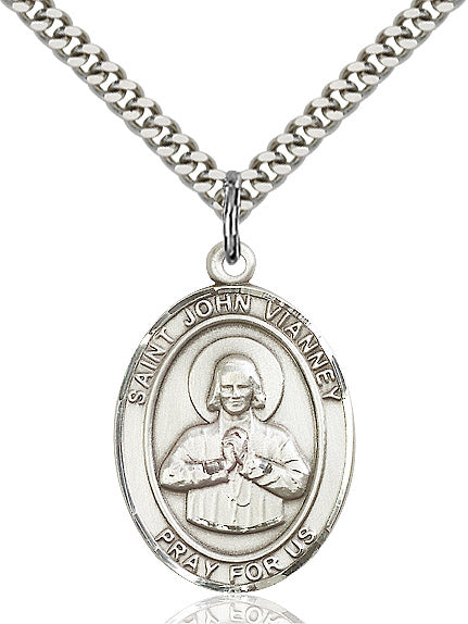 Extel Large Oval Sterling Silver St. John Vianney Pendant with 24" chain, Made in USA