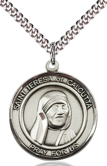 Extel Large Round Pewter St. Teresa of Calcutta Medal Pendant Necklace with 24" Chain, Made in USA