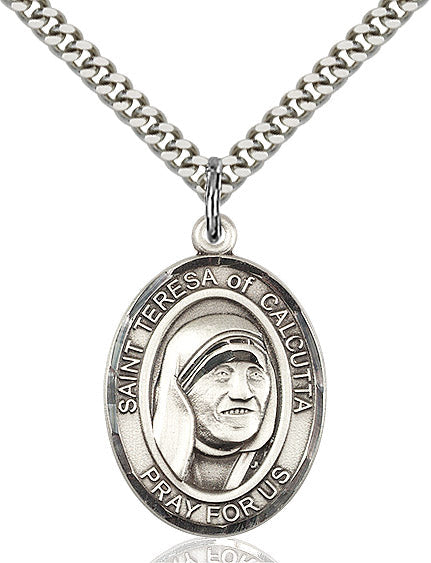 Extel Large Oval Sterling Silver Saint Teresa of Calcutta Pendant with 24" chain, Made in USA