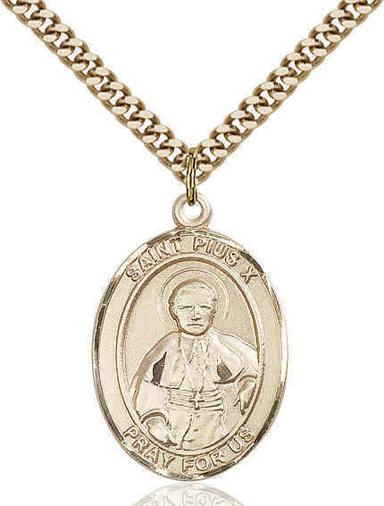 Extel Large Oval 14kt Gold Filled St. Pius X Pendant with 24" chain, Made in USA