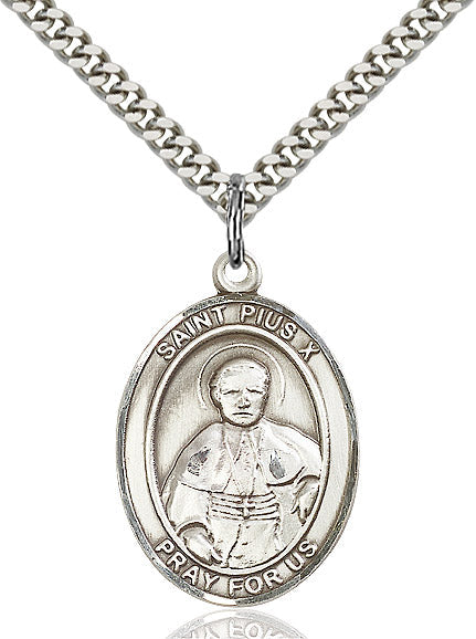 Extel Large Oval Sterling Silver St. Pius X Pendant with 24" chain, Made in USA