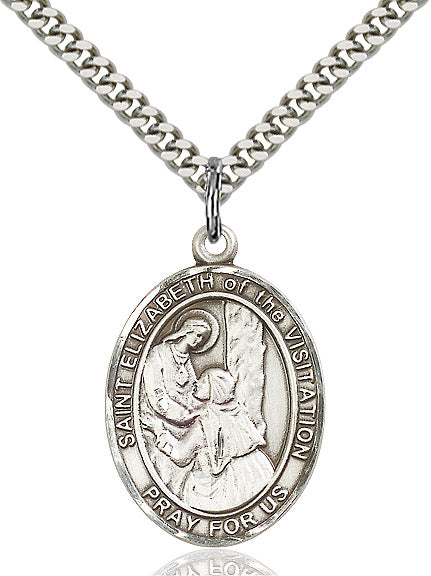 Extel Large Oval Sterling Silver St. Elizabeth of the Visitation Pendant with 24" chain, Made in USA