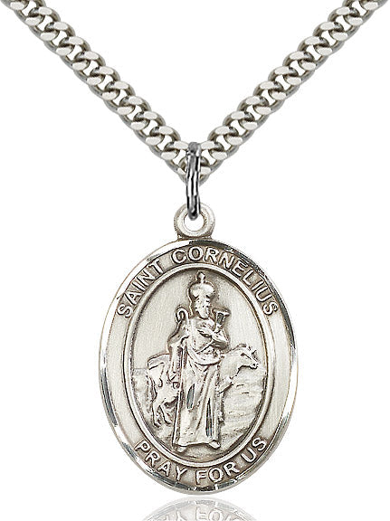 Extel Large Oval Sterling Silver St. Cornelius Pendant with 24" chain, Made in USA