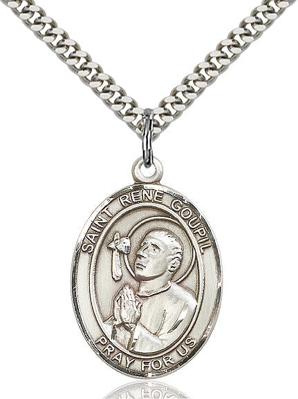 Extel Large Oval Sterling Silver St. Rene Goupil Pendant with 24" chain, Made in USA