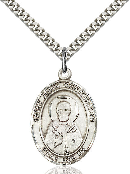 Extel Large Oval Sterling Silver St. John Chrysostom Pendant with 24" chain, Made in USA