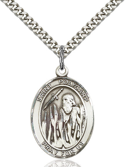 Extel Large Oval Sterling Silver St. Polycarp of Smyrna Pendant with 24" chain, Made in USA