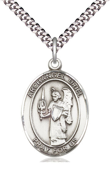 Extel Large Oval Pewter St. Uriel the Archangel Pendant with 24" chain, Made in USA
