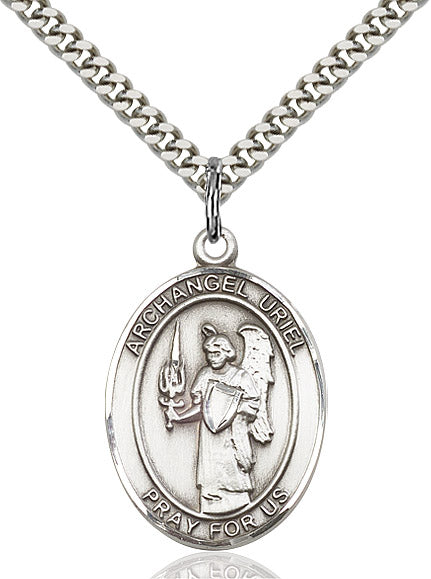 Extel Large Oval Sterling Silver St. Uriel the Archangel Pendant with 24" chain, Made in USA
