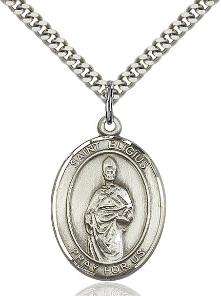 Extel Large Oval Sterling Silver St. Eligius Pendant with 24" chain, Made in USA