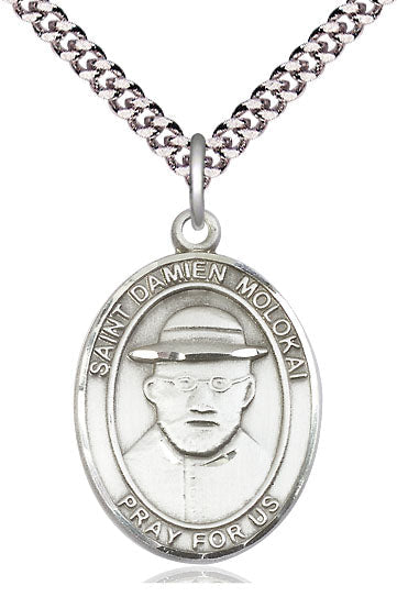 Extel Large Oval Pewter St. Damien of Molokai Pendant with 24" chain, Made in USA