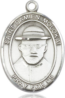 Extel Large Oval Sterling Silver St. Damien of Molokai Pendant with 24" chain, Made in USA