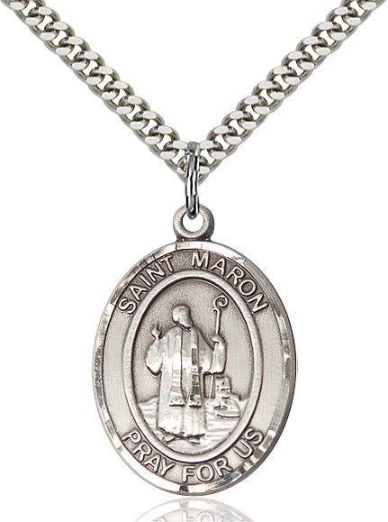 Extel Large Oval Sterling Silver St. Maron Pendant with 24" chain, Made in USA