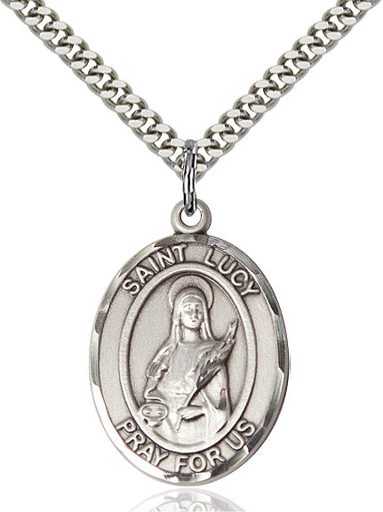 Extel Large Oval Sterling Silver St. Lucy Pendant with 24" chain, Made in USA