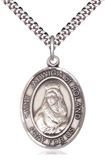 Extel Large Oval Pewter St. Jadwiga of Poland Pendant with 24" chain, Made in USA
