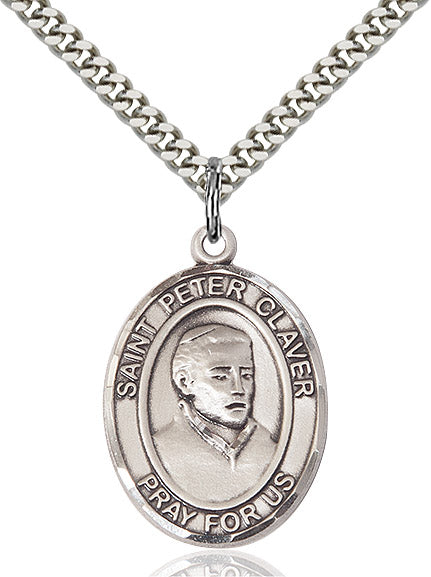 Extel Large Oval Sterling Silver St. Peter Claver Pendant with 24" chain, Made in USA