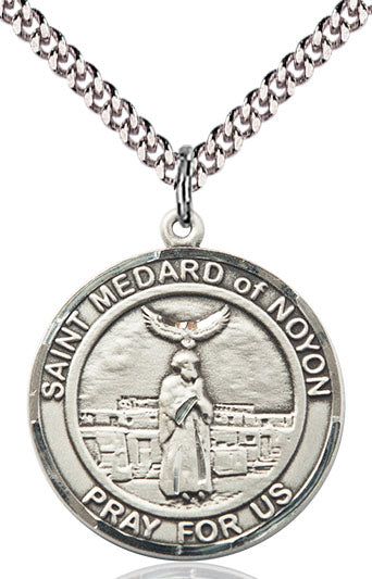 Extel Large Round Pewter St. Medard of Noyon Medal Pendant Necklace with 24" Chain, Made in USA