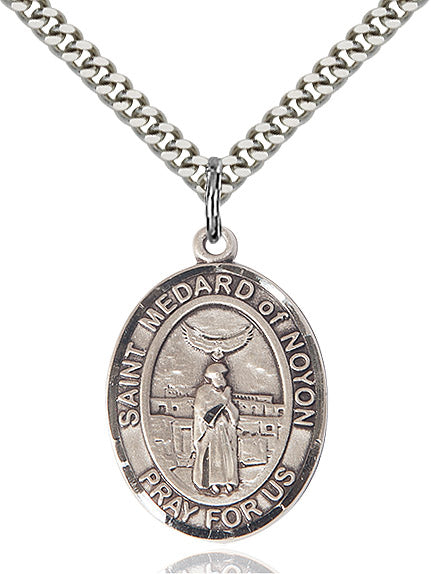 Extel Large Oval Sterling Silver St. Medard of Noyon Pendant with 24" chain, Made in USA