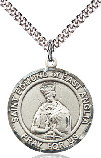 Extel Large Round Pewter St. Edmund of East Anglia Medal Pendant Necklace with 24" Chain, Made in USA