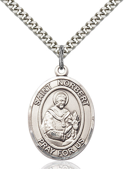 Extel Large Oval Sterling Silver St. Norbert of Xanten Pendant with 24" chain, Made in USA