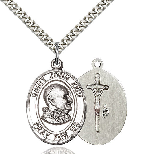 Extel Large Oval Sterling Silver St. John XXIII Pendant with 24" chain, Made in USA