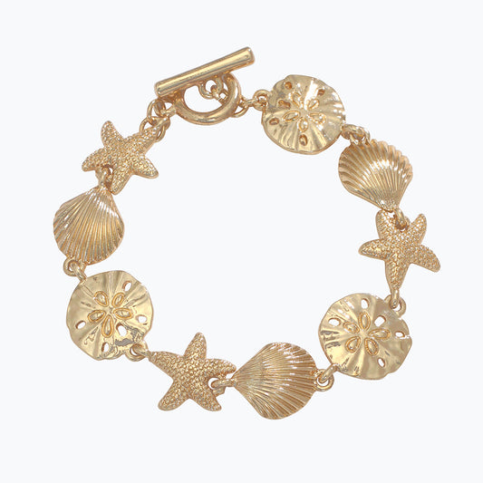 Gold Sea Life Charm Bracelet With Shell Starfish Seahorse