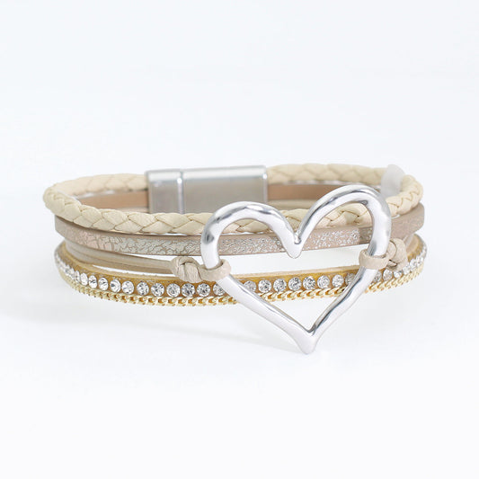 Delicate Beige Leather Bracelet With Silver Heart Charm
