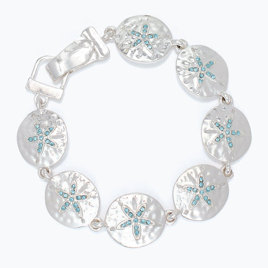 Silver Sand Dollar Bracelet With Aqua Crystal Accents