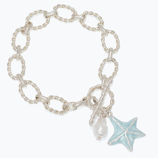 Sterling Silver Chain Bracelet With Blue Starfish Charm