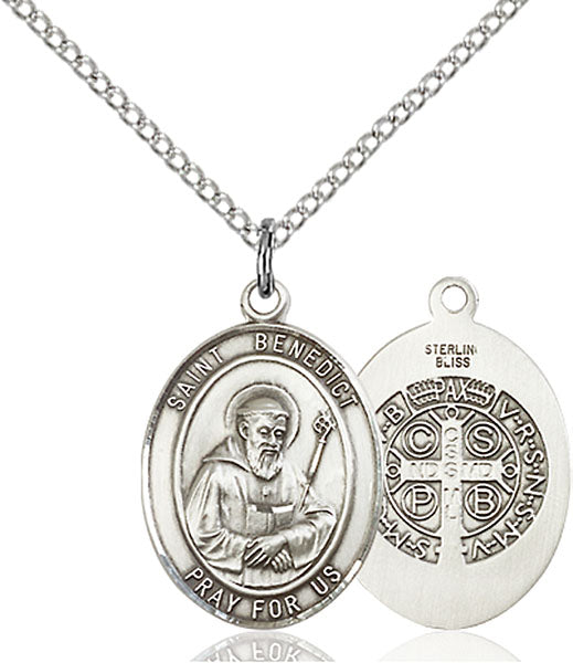 Extel Medium Oval Sterling Silver St. Benedict Pendant with 18" chain, Made in USA