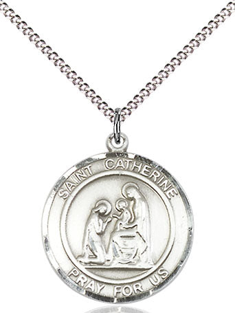 Extel Medium Round Pewter St. Catherine of Siena Medal Pendant Necklace with 18" Chain, Made in USA
