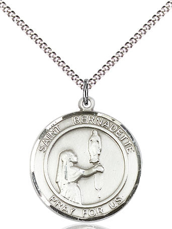 Extel Medium Round Pewter St. Bernadette Medal Pendant Necklace with 18" Chain, Made in USA