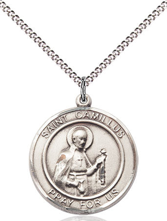 Extel Medium Round Pewter St. Camillus of Lellis Medal Pendant Necklace with 18" Chain, Made in USA