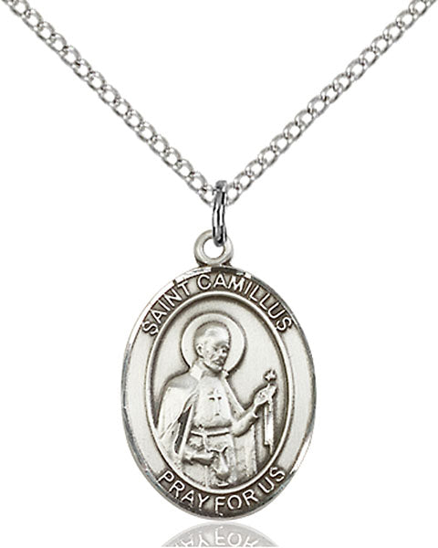 Extel Medium Oval Sterling Silver St. Camillus of Lellis Pendant with 18" chain, Made in USA