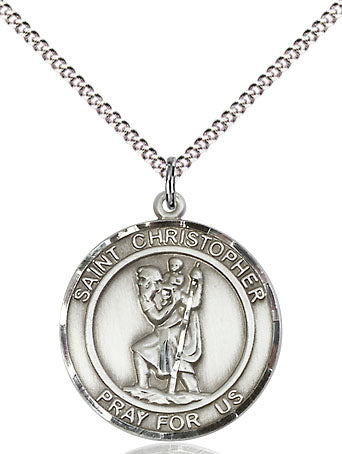 Extel Medium Round Pewter St. Christopher Medal Pendant Necklace with 18" Chain, Made in USA