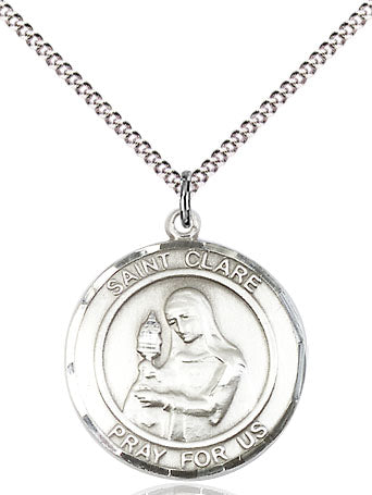 Extel Medium Round Pewter St. Clare of Assisi Medal Pendant Necklace with 18" Chain, Made in USA